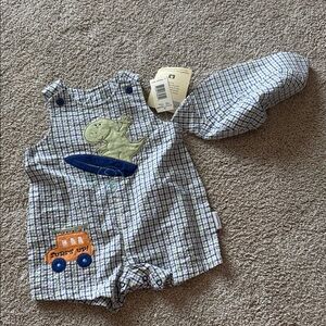 NWT Vintage Vitamins kids baby boy gingham Blue Plaid Baby Romper w/matching hat